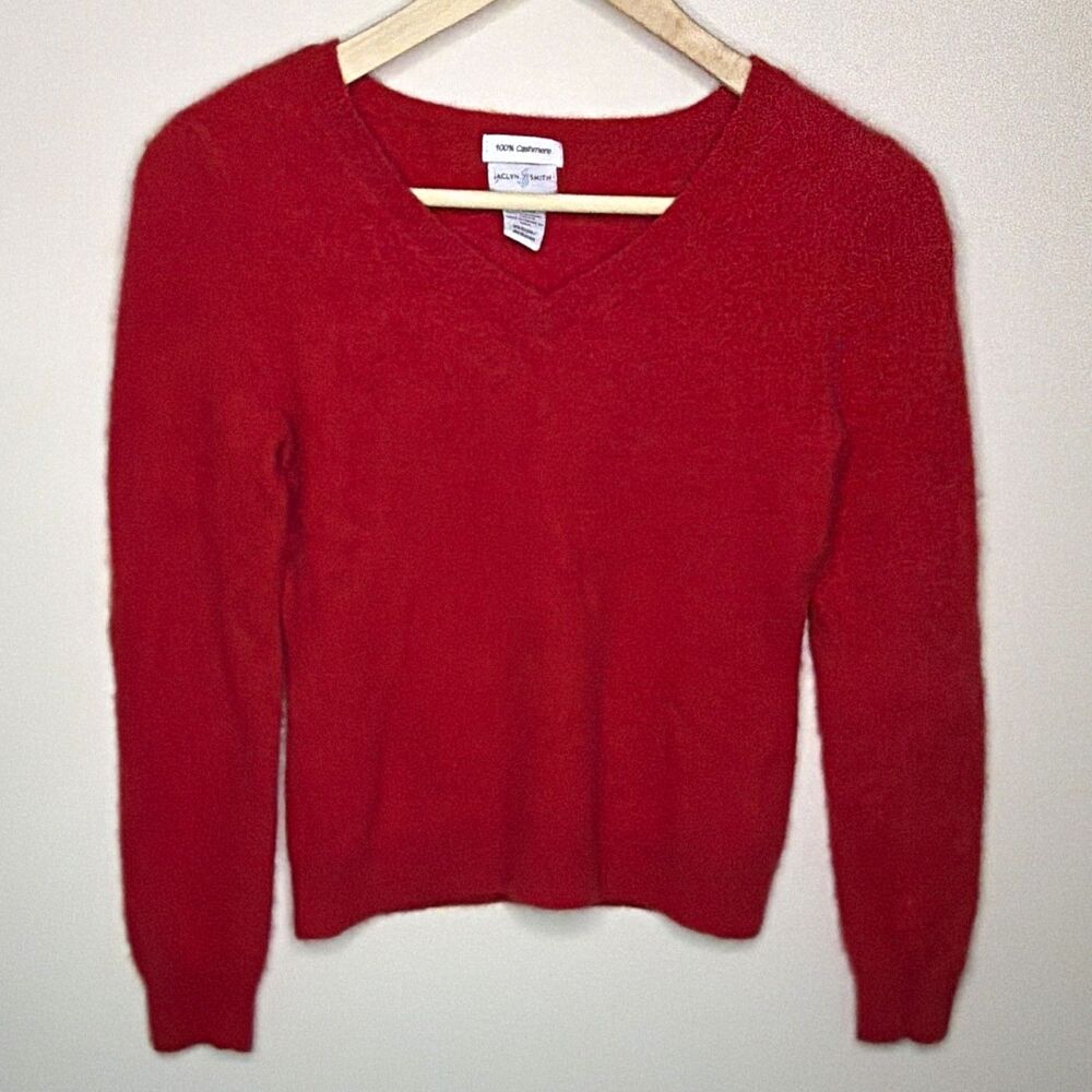 Jaclyn Smith 100% Cashmere Red Knit V-Neck Long Sleeve Pullover Sweater M